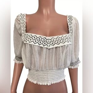 Free People Ivory Crop Smocked Top Boho Peasant Nwts S Burn Out Puff Sl Coquette